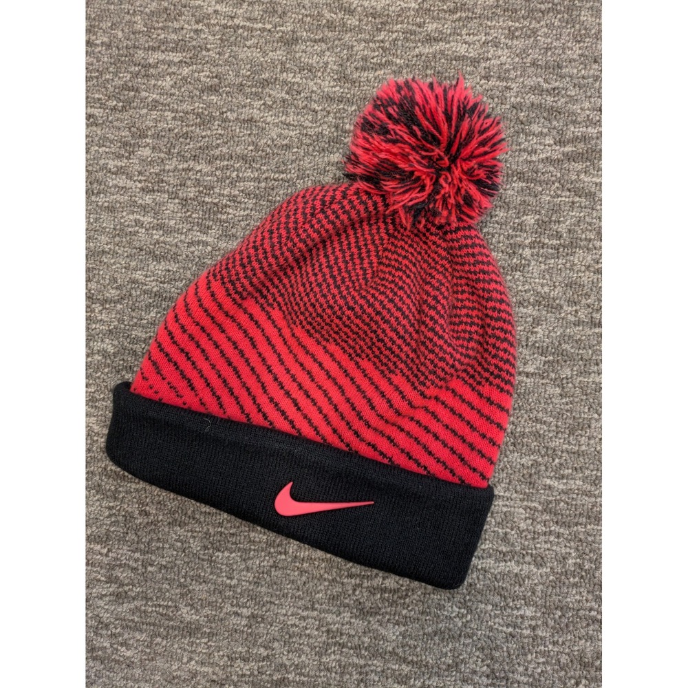 Nike Beanie Kid's Youth Red Black Diagonal‎ Stripe Pom Pom Knit Hat